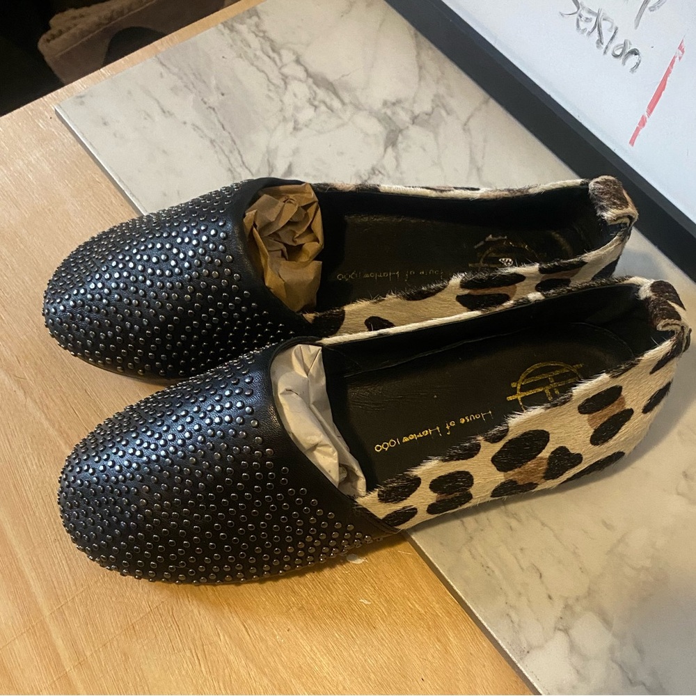 House of Harlow 1960 Leopard Calf_Hair Stud Kye Flat Loafer_ Black Brown- NEW